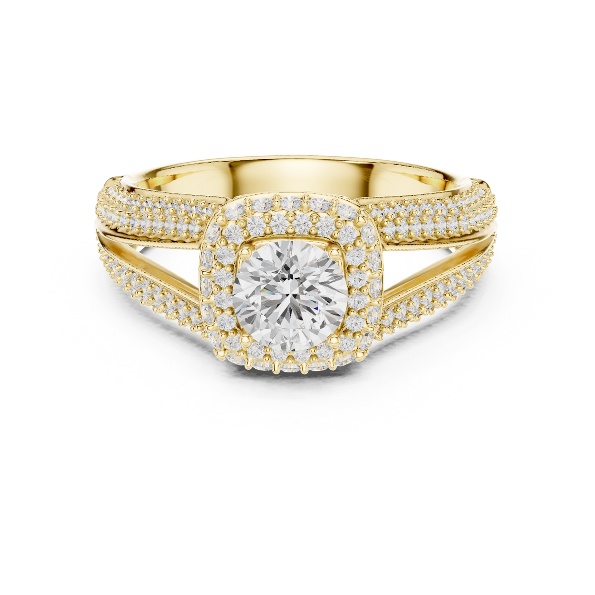 14K Solid Gold Lab Diamond Halo Ring, Yellow Gold