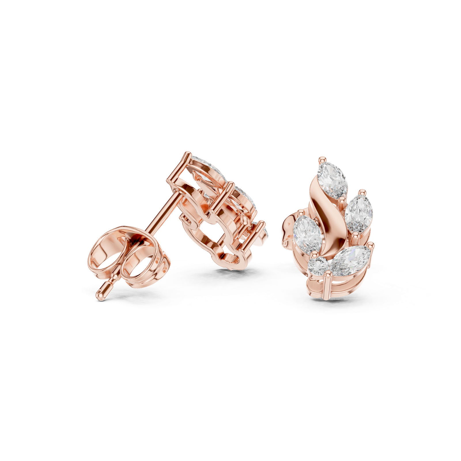 14K Solid Gold Lab Diamond Leaf Huggie Earrings, Rose Gold, view 1