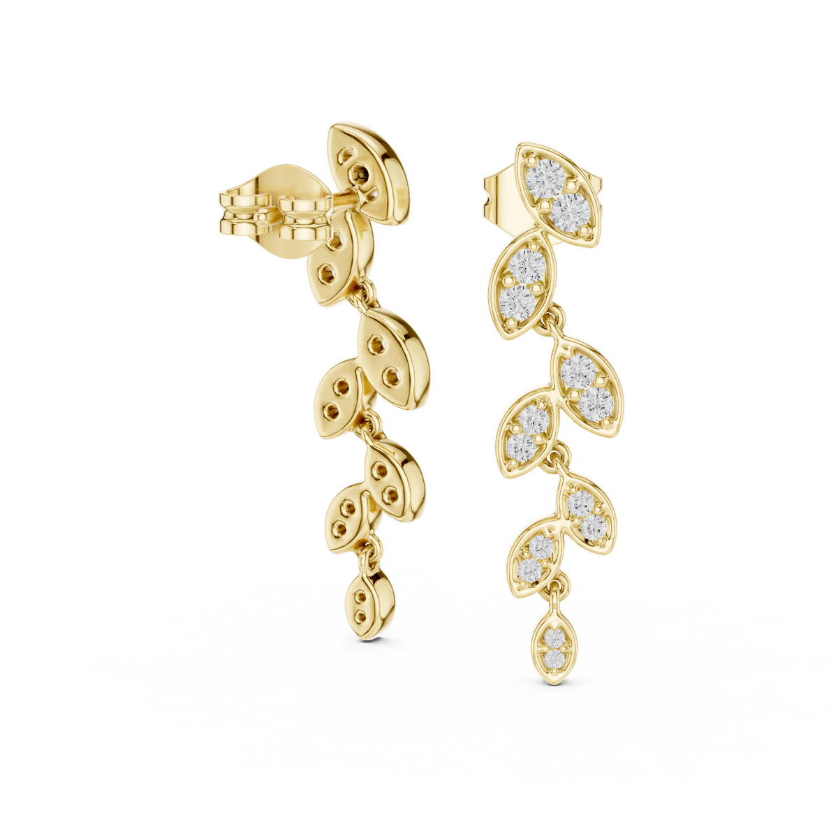14K Solid Gold Lab Diamond Leaf Drop Earrings, Yellow Gold, view 1