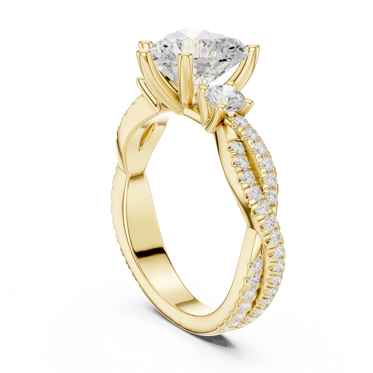 14K Solid Gold Lab Diamond Heart Three-Stone Ring, Yellow Gold, view 1