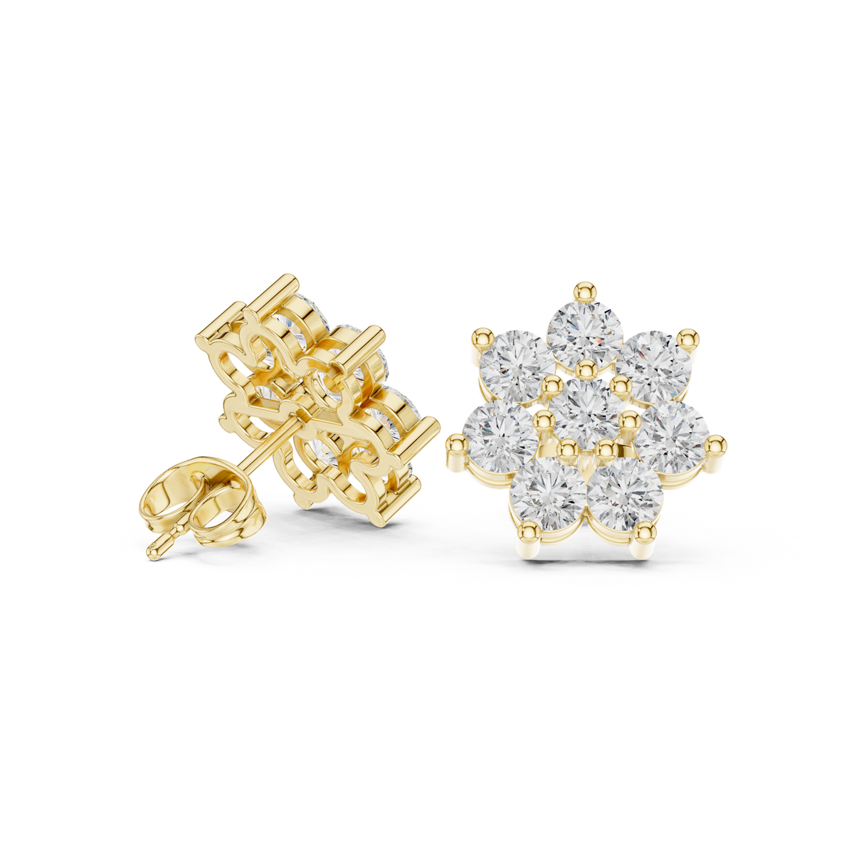 14K Solid Gold Lab Diamond Flower Cluster Earrings, Yellow Gold, view 1