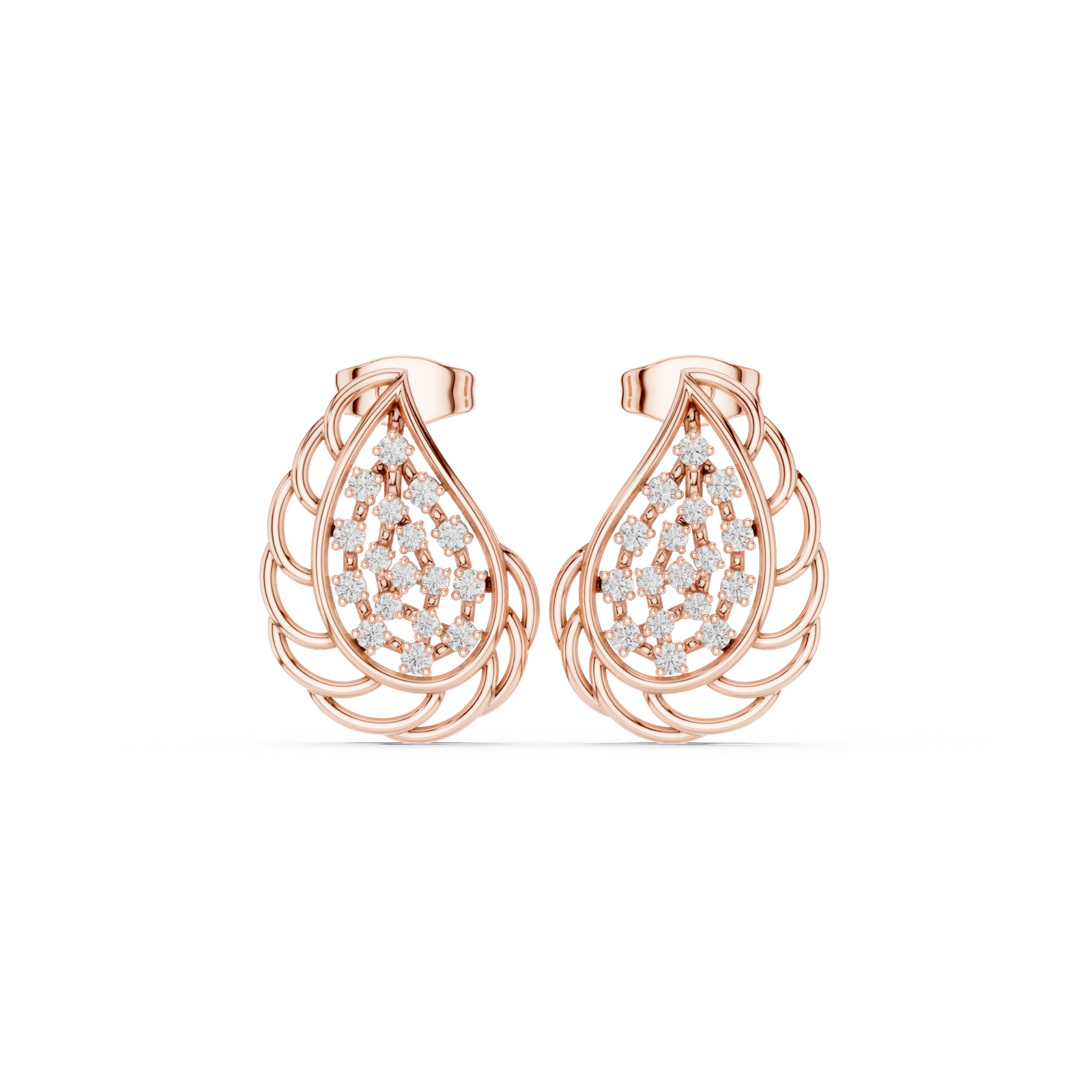 14K Solid Gold Lab Diamond Leaf Cluster Earrings, Rose Gold