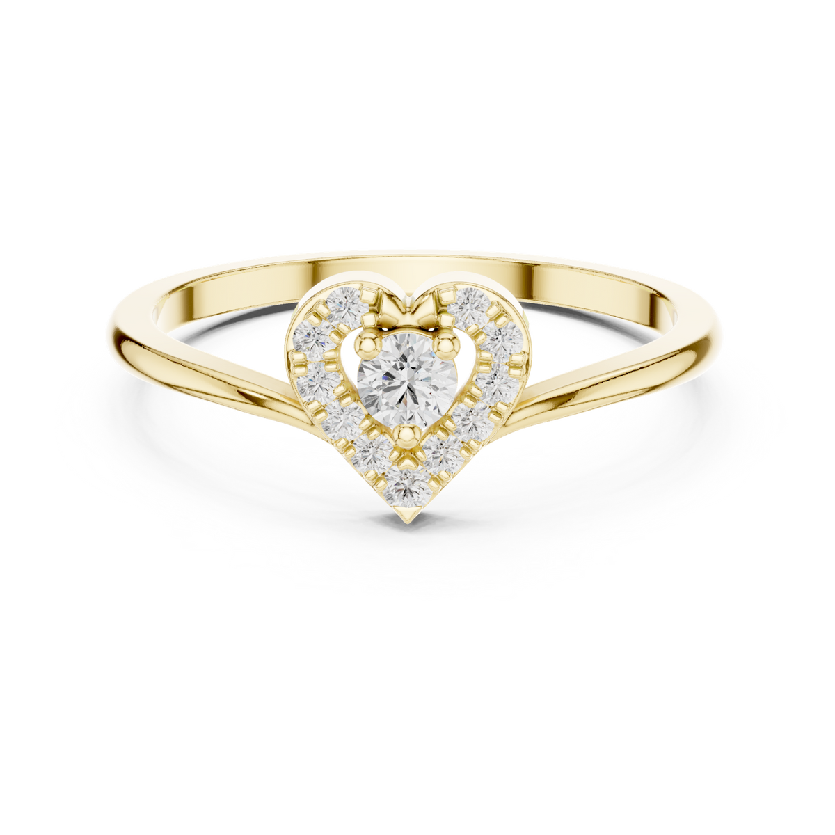 14K Solid Gold Lab Diamond Heart Halo Ring, Yellow Gold