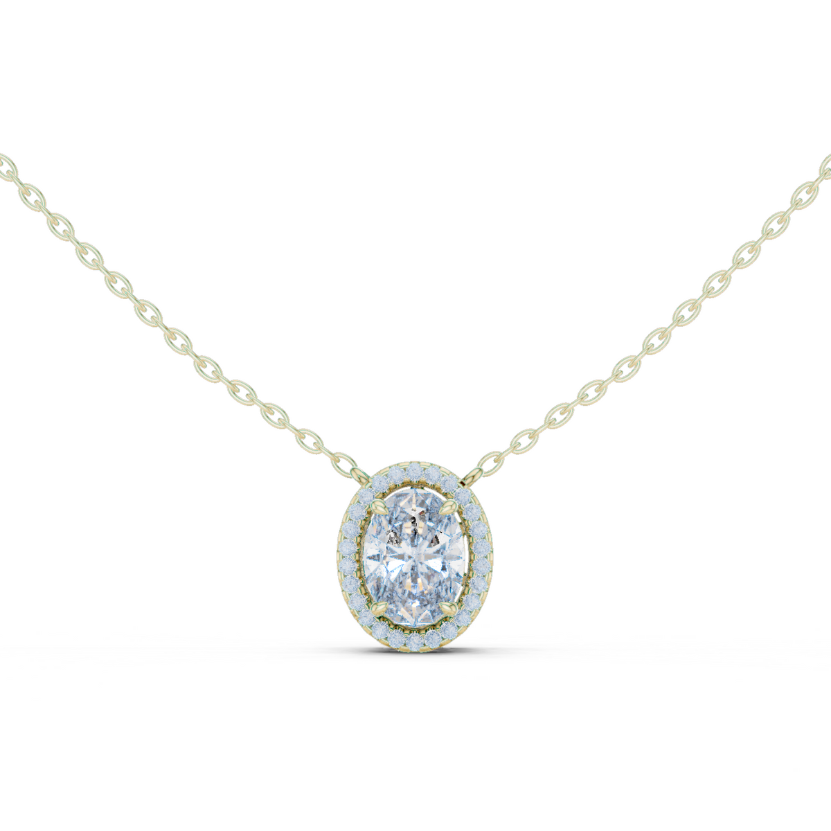 14K Solid Gold Lab Diamond Halo Pendant Necklace, Yellow Gold