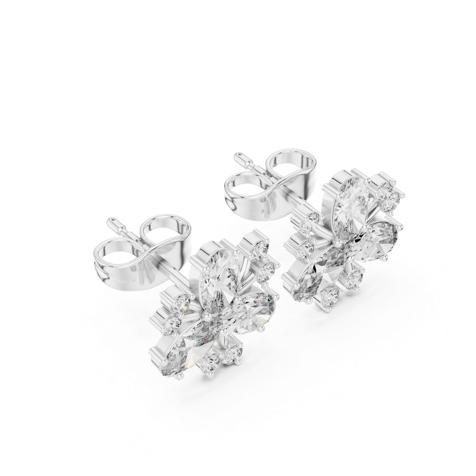 14K Solid Gold Lab Diamond Flower Cluster Earrings, White Gold, view 2