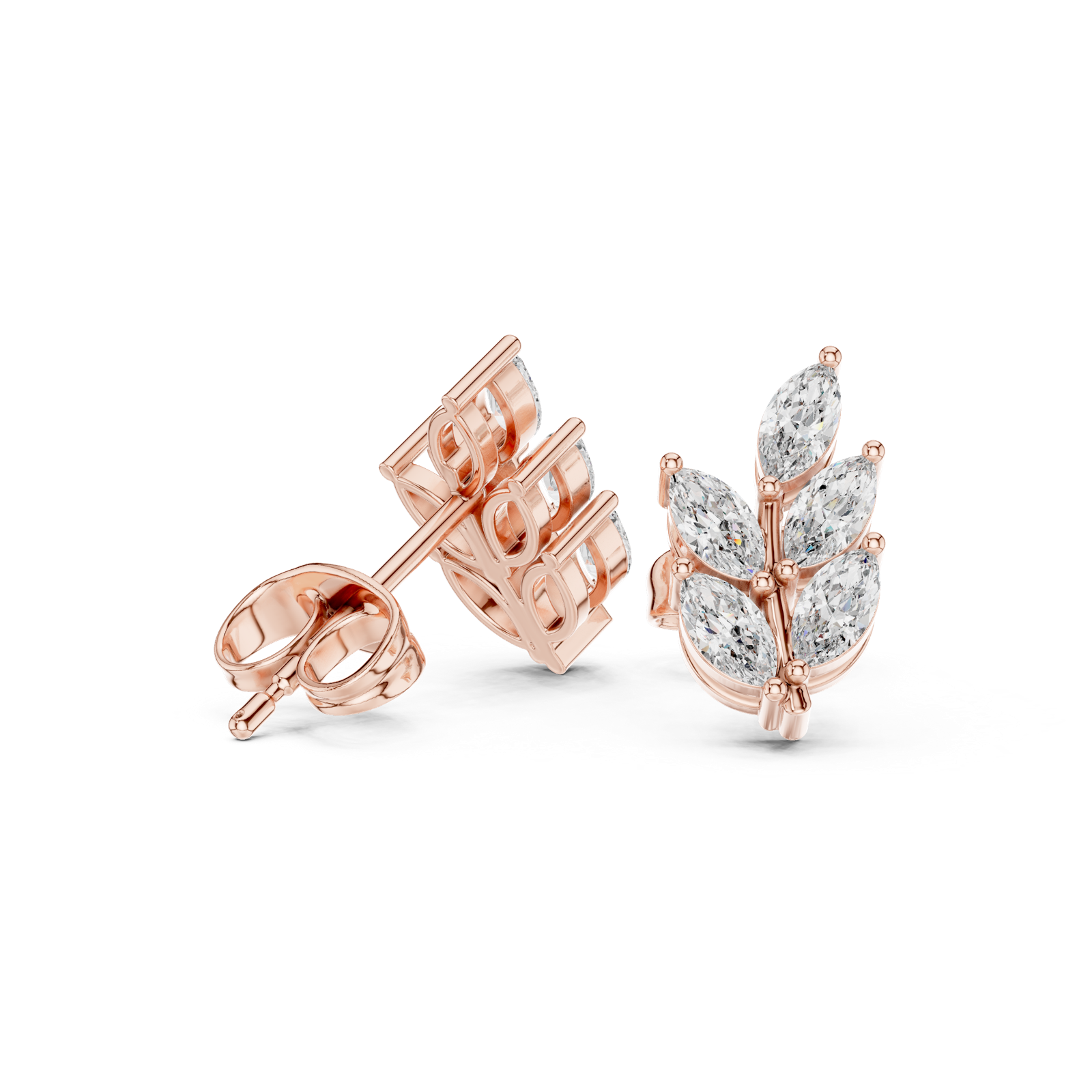 14K Solid Gold Lab Diamond Leaf Cluster Earrings, Rose Gold, view 1