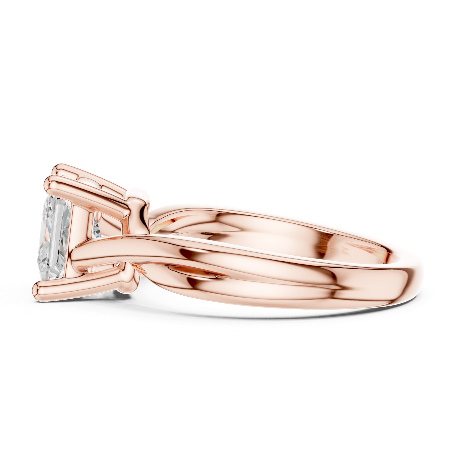 Gold Twisted Band Solitaire Engagement Ring, Princess center stone, Rose Gold, view 3