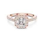 Gold Halo Pave Engagement Ring, Asscher center stone, Rose Gold, view 4