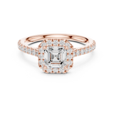 Gold Halo Pave Engagement Ring, Asscher center stone, Rose Gold, view 4