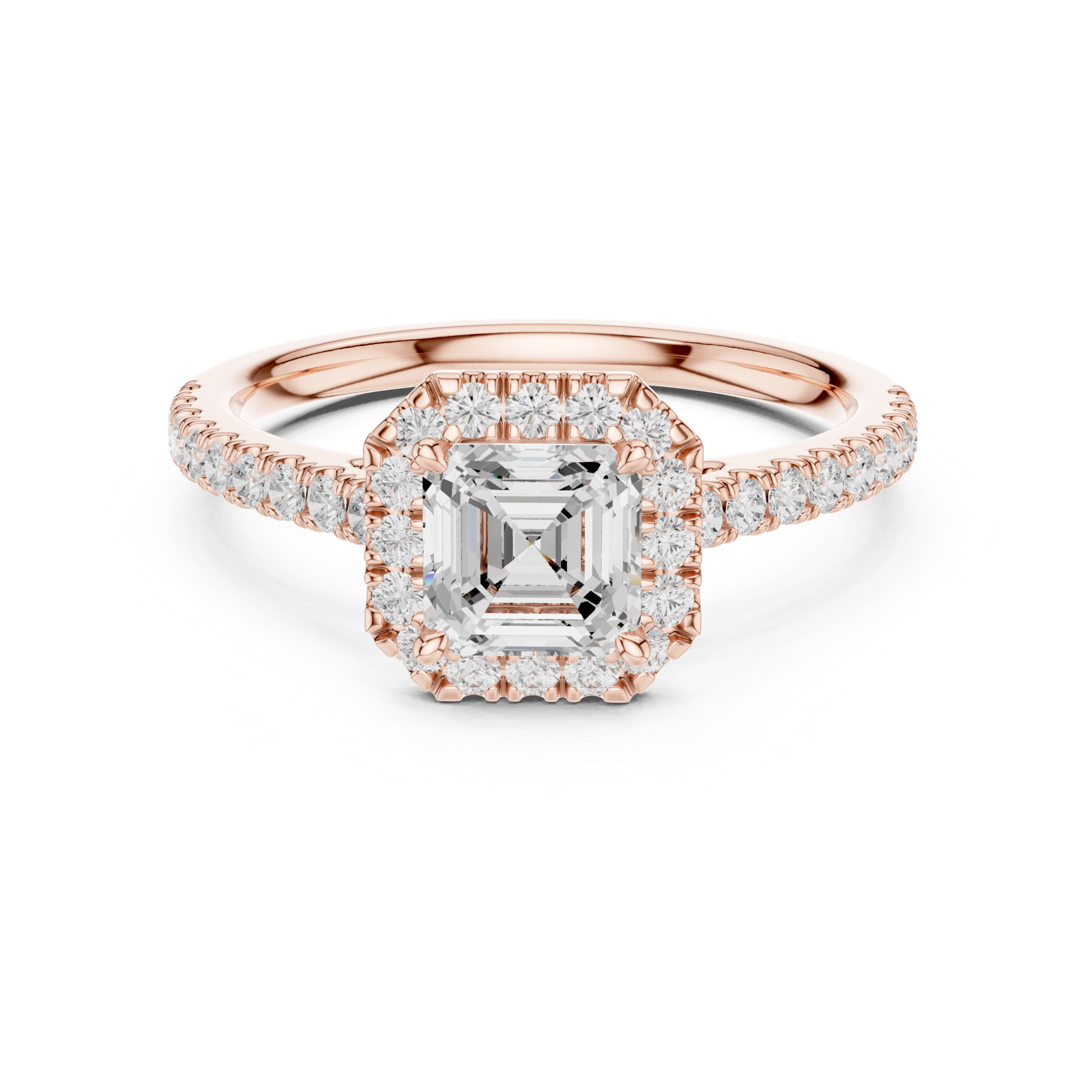 Gold Halo Pave Engagement Ring, Asscher center stone, Rose Gold, view 4