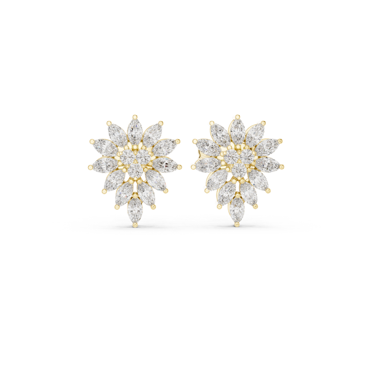 14K Solid Gold Lab Diamond Flower Cluster Earrings, Yellow Gold