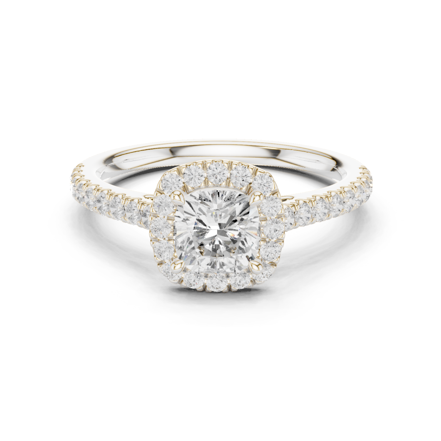 Gold Halo Pave Engagement Ring, Cushion center stone, White Gold