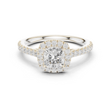 Gold Halo Pave Engagement Ring, Cushion center stone, White Gold