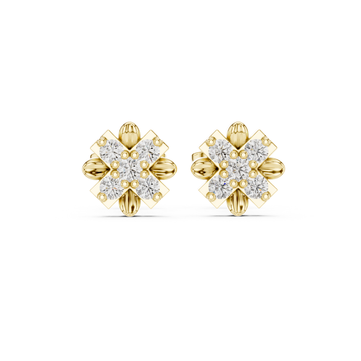14K Solid Gold Lab Diamond Flower Cluster Earrings, Yellow Gold