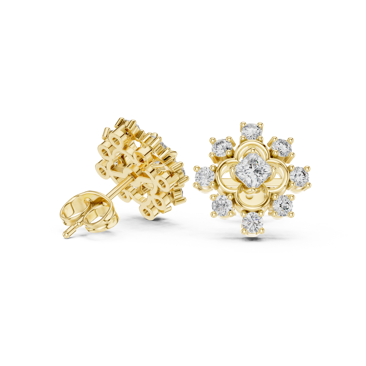 14K Solid Gold Lab Diamond Flower Cluster Earrings, Yellow Gold, view 1