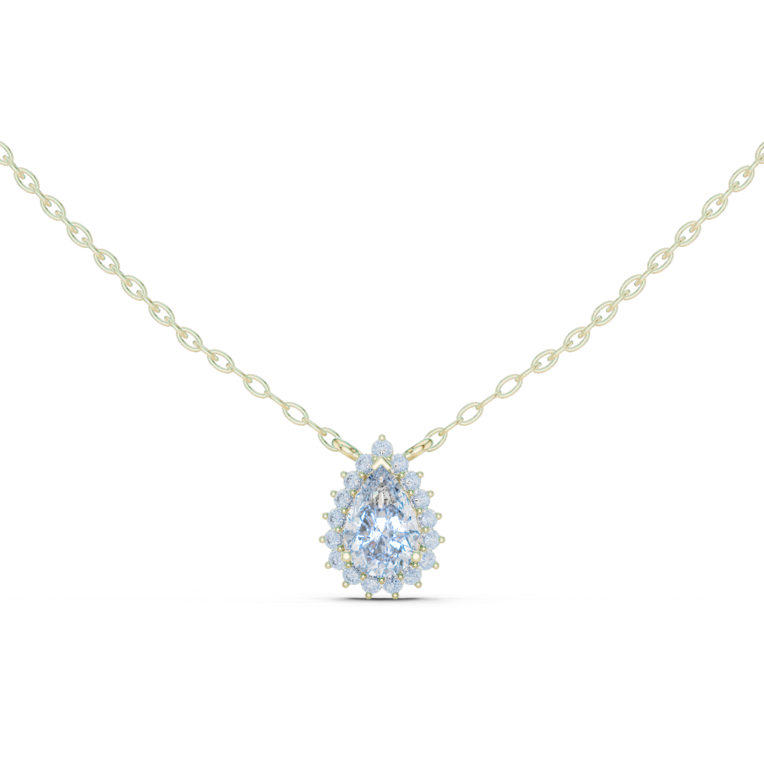 14K Solid Gold Lab Diamond Halo Pendant Necklace, Yellow Gold