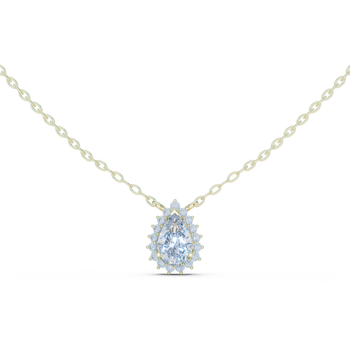 14K Solid Gold Lab Diamond Halo Pendant Necklace, Yellow Gold