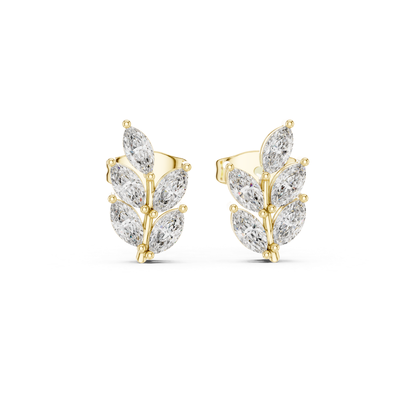 14K Solid Gold Lab Diamond Leaf Cluster Earrings, Yellow Gold