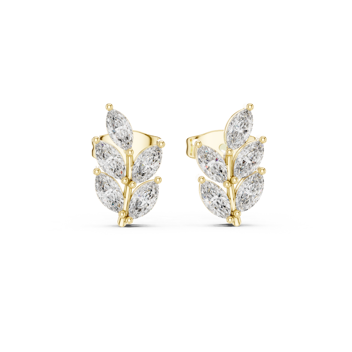 14K Solid Gold Lab Diamond Leaf Cluster Earrings, Yellow Gold