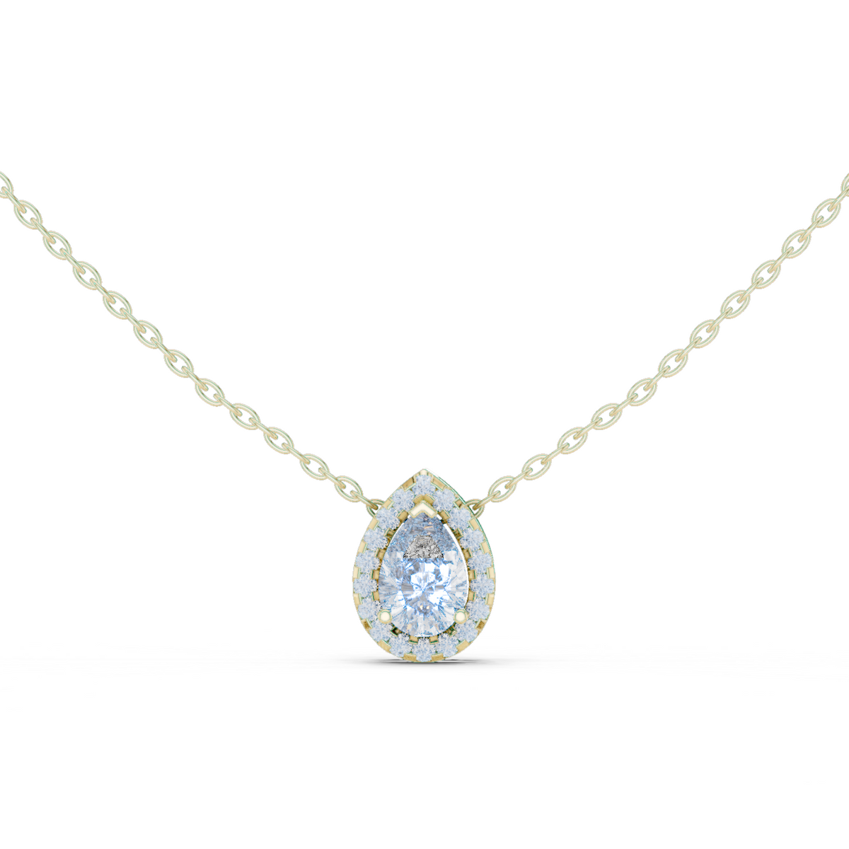 14K Solid Gold Lab Diamond Halo Pendant Necklace, Yellow Gold