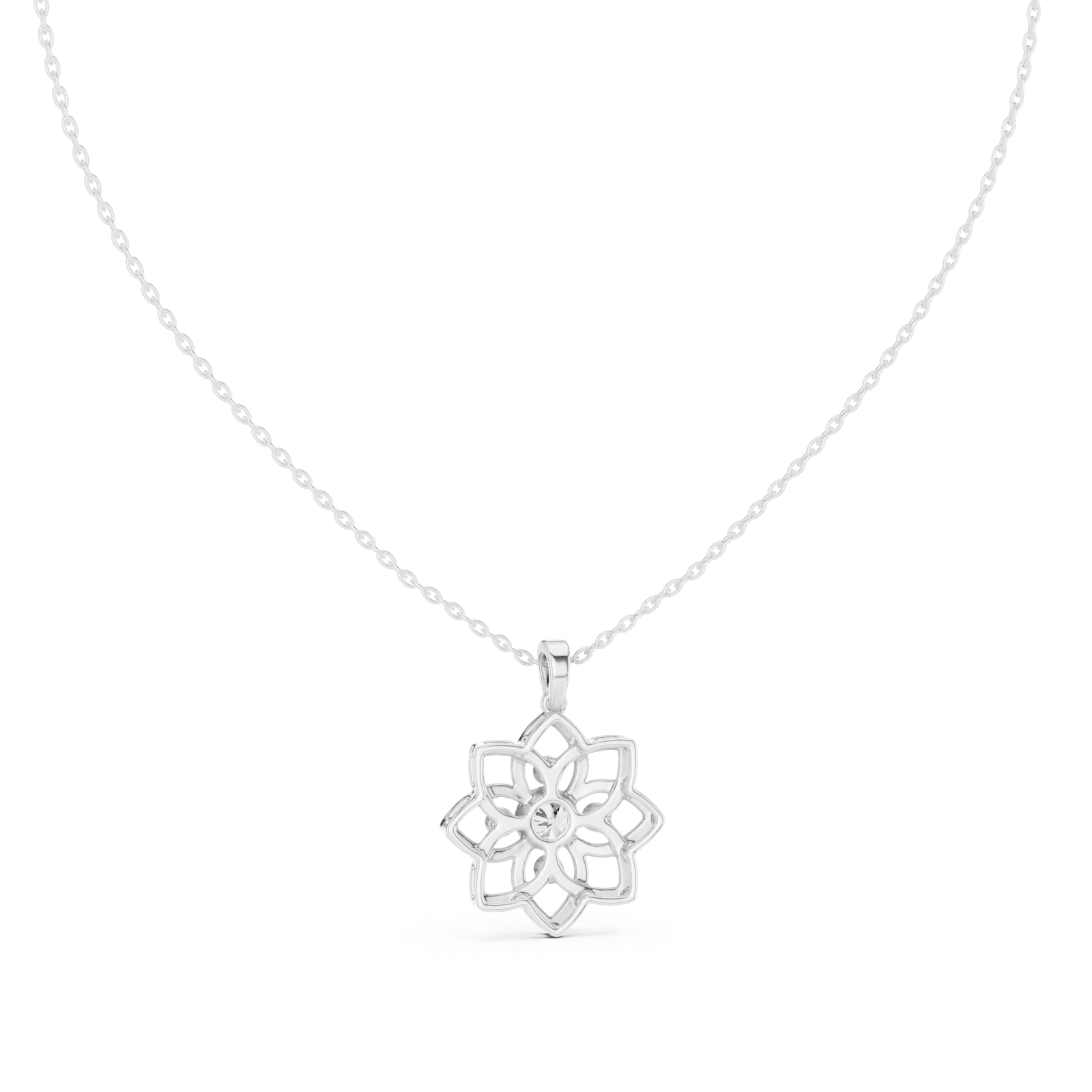 14K Solid Gold Lab Diamond Flower Pendant Necklace, White Gold
