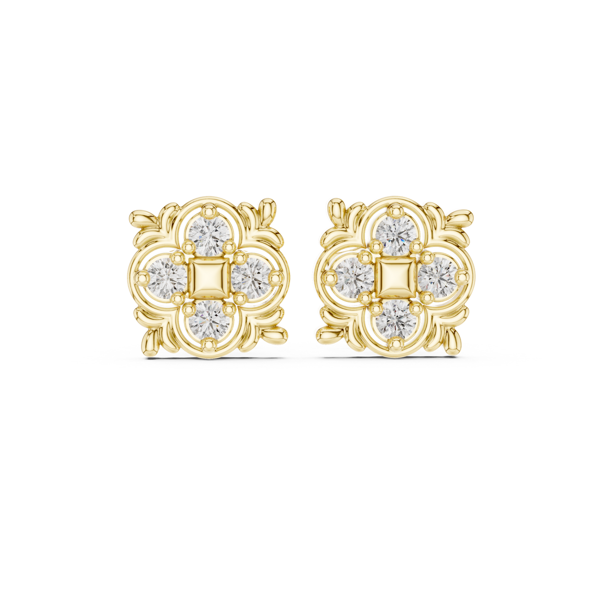 14K Solid Gold Lab Diamond Clover Cluster Earrings, Yellow Gold