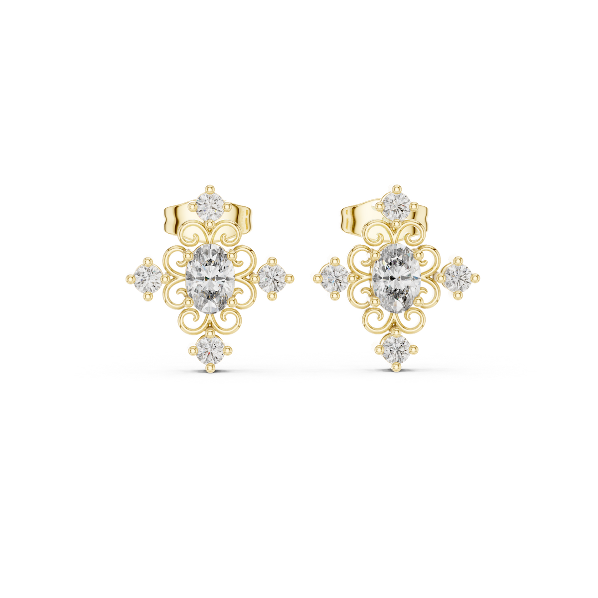 14K Solid Gold Lab Diamond Flower Cluster Earrings, Yellow Gold