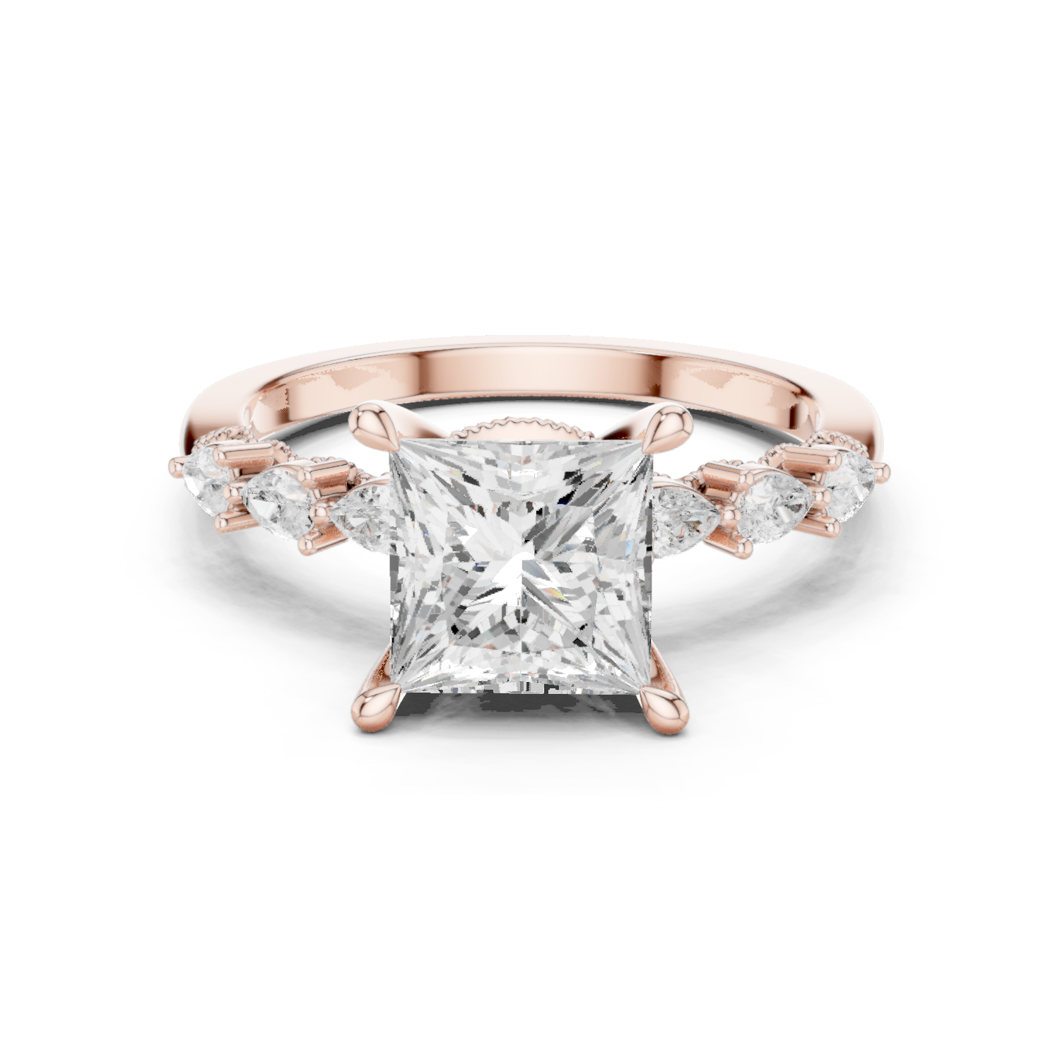 Gold Ring DDLR-168, Princess center stone, Rose Gold