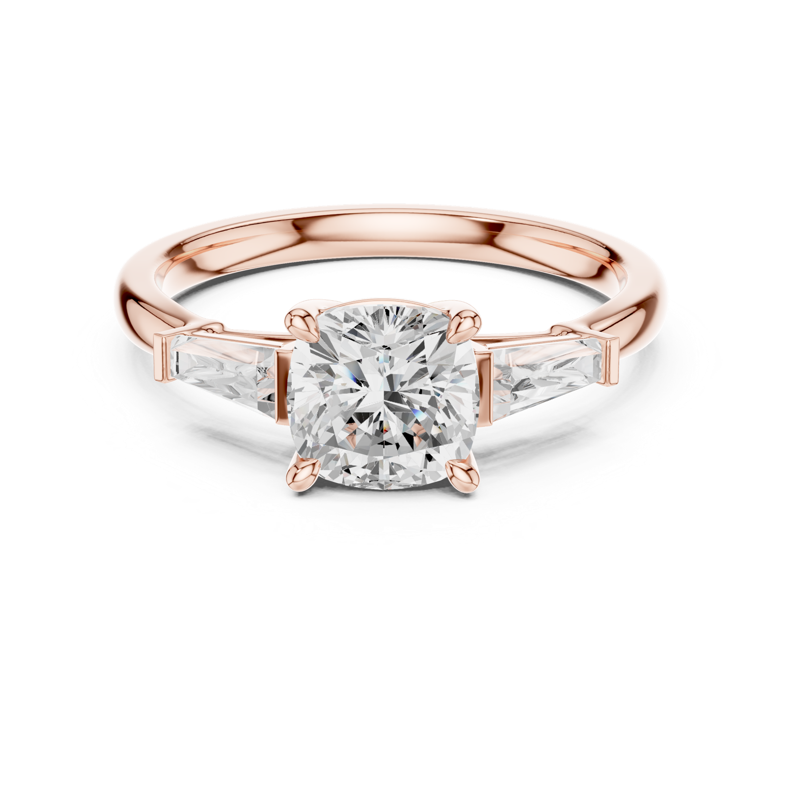 Gold Three-Stone Baguette Engagement Ring, Cushion center stone, Rose Gold, view 4