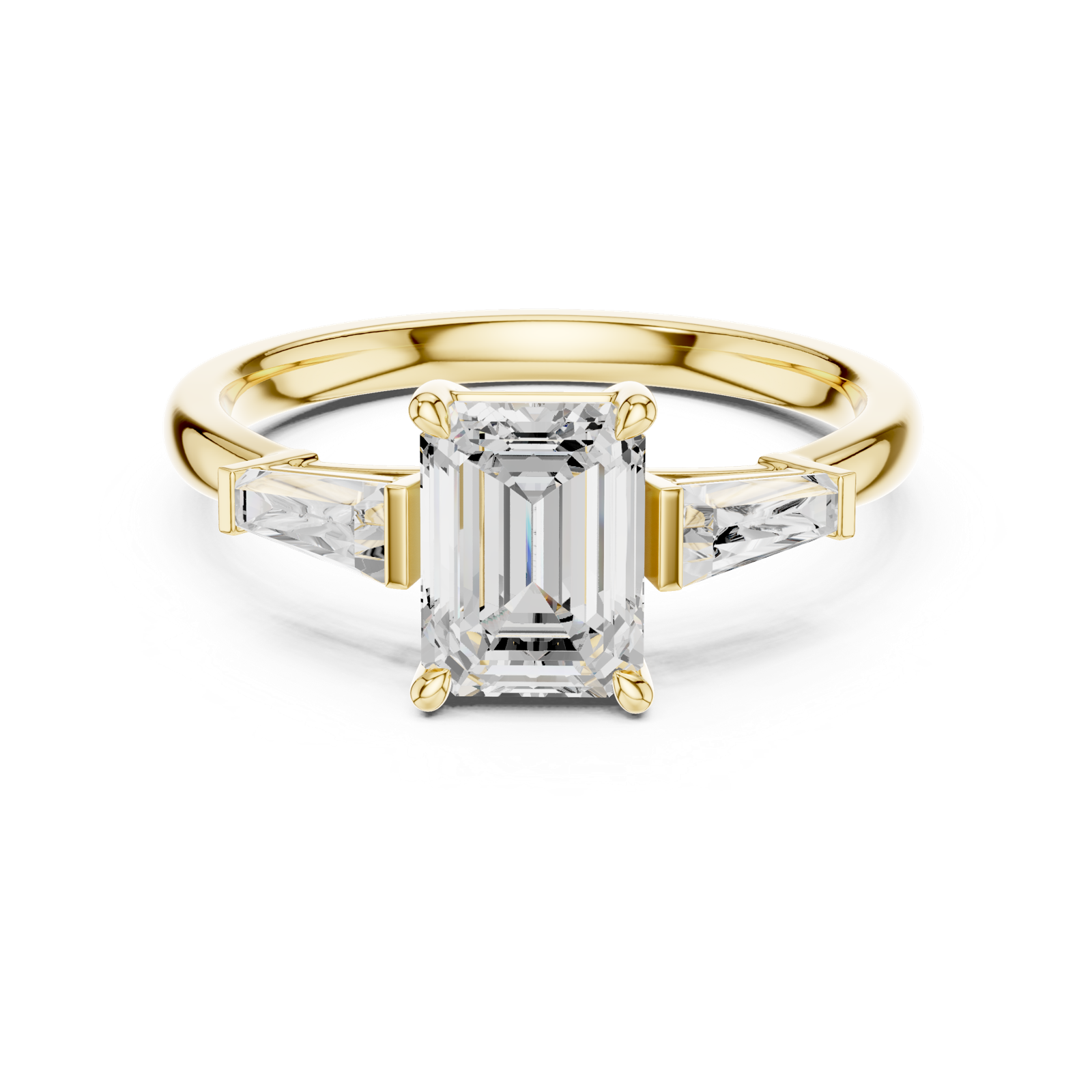 Gold Three-Stone Baguette Engagement Ring, Emerald center stone, Yellow Gold, view 4