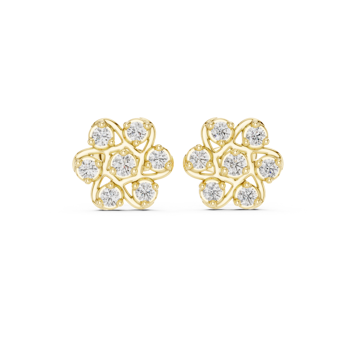 14K Solid Gold Lab Diamond Flower Cluster Earrings, Yellow Gold