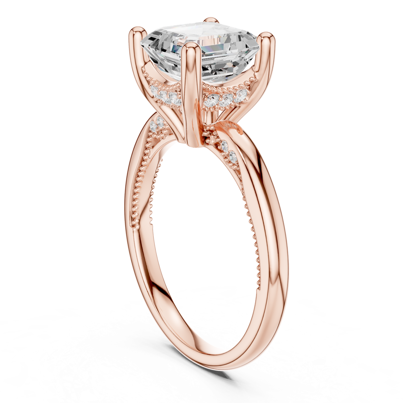 Gold Ring, Asscher center stone, Rose Gold, view 1