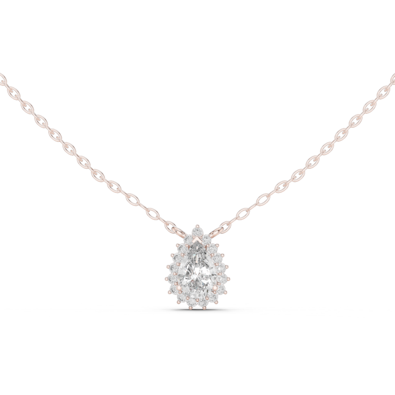 14K Solid Gold Lab Diamond Halo Pendant Necklace, Rose Gold