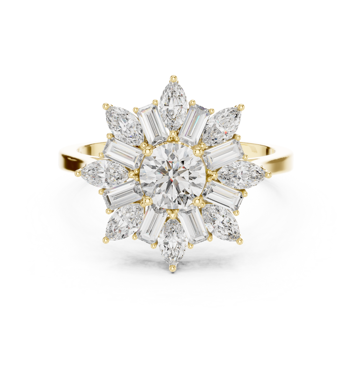 14K Solid Gold Lab Diamond Star Halo Ring, Yellow Gold