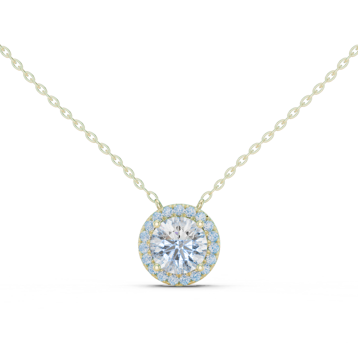 14K Solid Gold Lab Diamond Halo Pendant Necklace, Yellow Gold