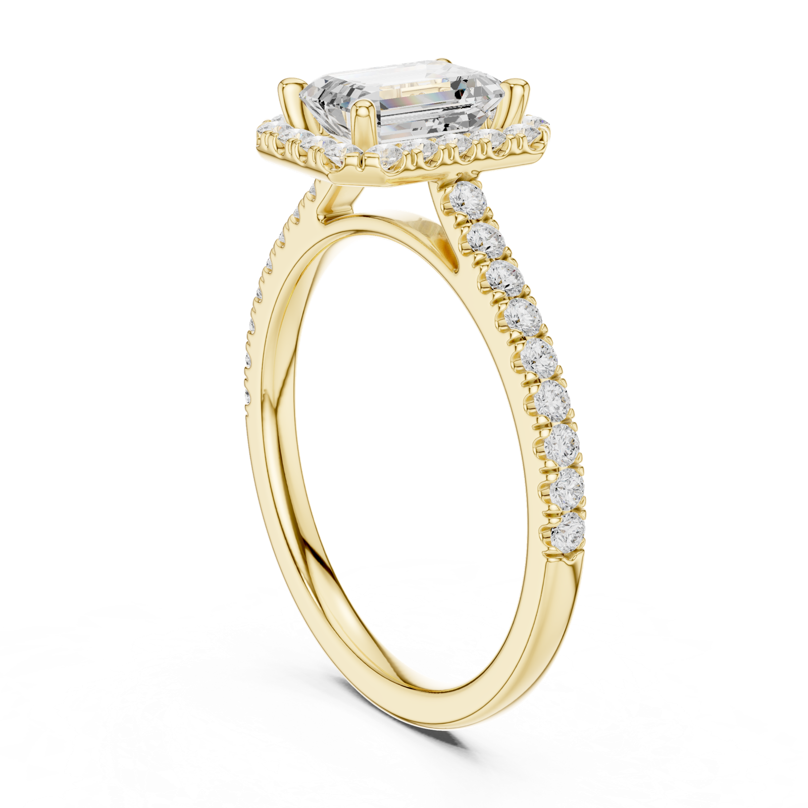 Gold Halo Pave Engagement Ring, Emerald center stone, Yellow Gold, view 1