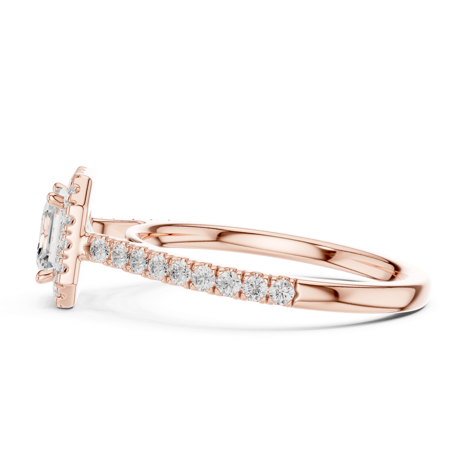 Gold Halo Pave Engagement Ring, Asscher center stone, Rose Gold, view 3