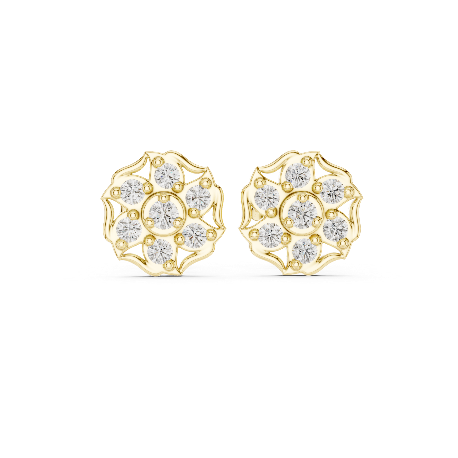14K Solid Gold Lab Diamond Cluster Earrings, Yellow Gold