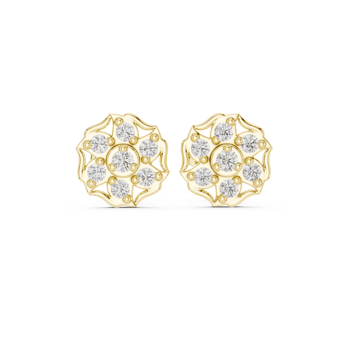 14K Solid Gold Lab Diamond Cluster Earrings, Yellow Gold