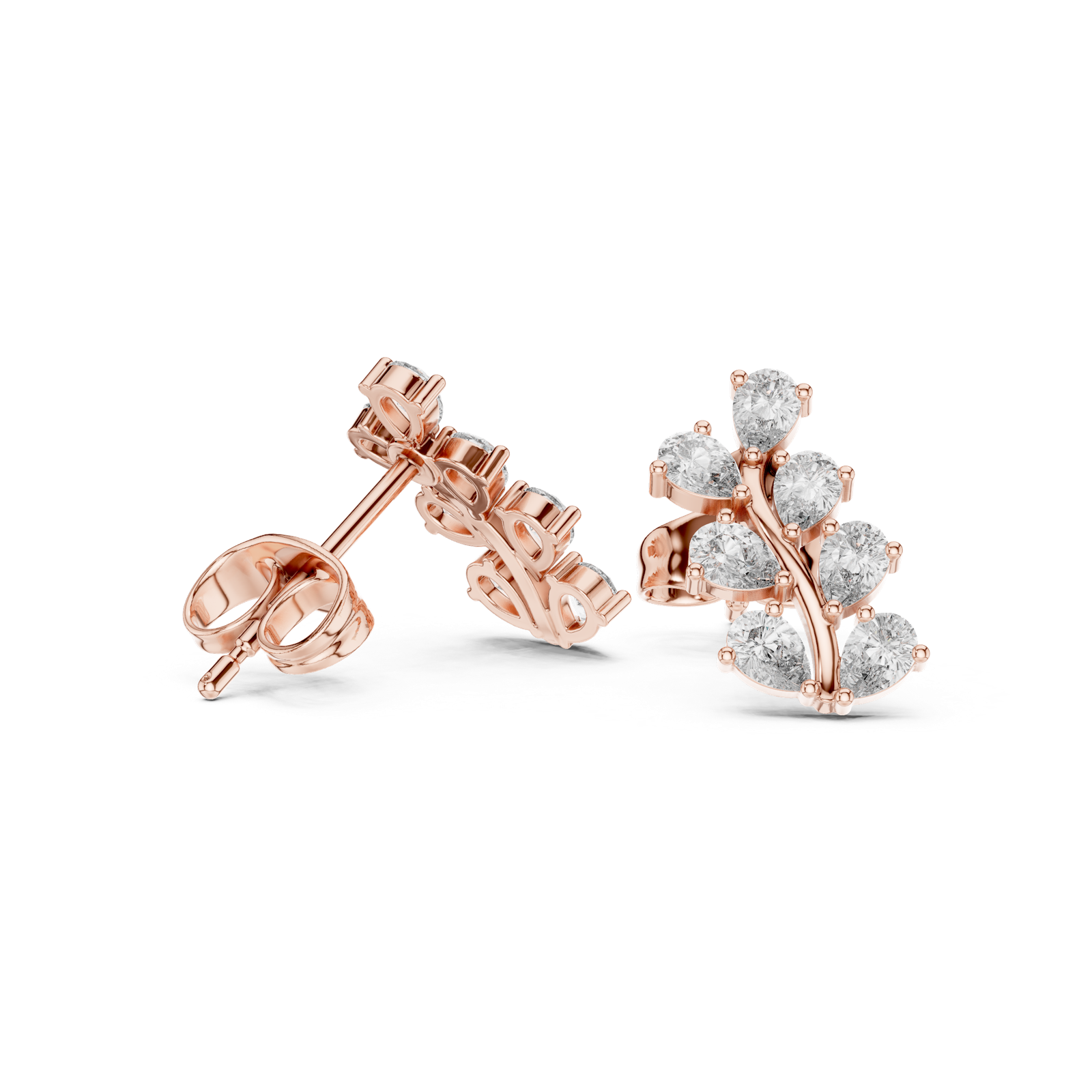 14K Solid Gold Lab Diamond Leaf Cluster Earrings, Rose Gold, view 1