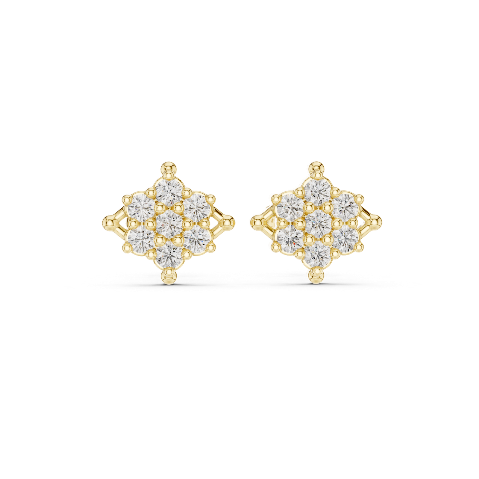 14K Solid Gold Lab Diamond Flower Cluster Earrings, Yellow Gold