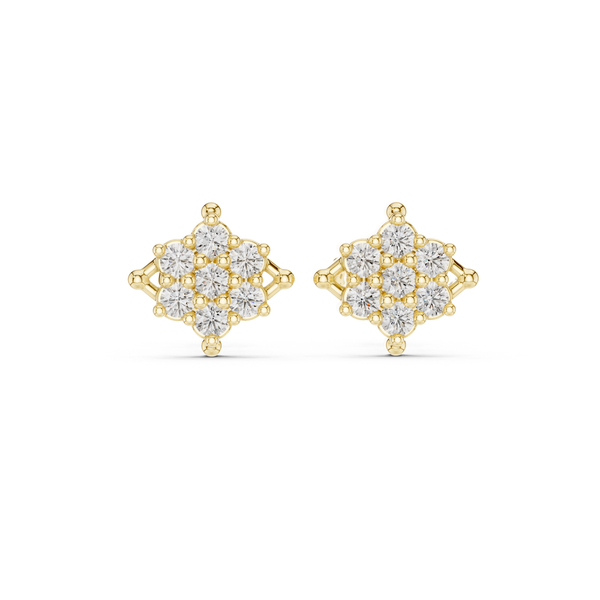 14K Solid Gold Lab Diamond Flower Cluster Earrings, Yellow Gold