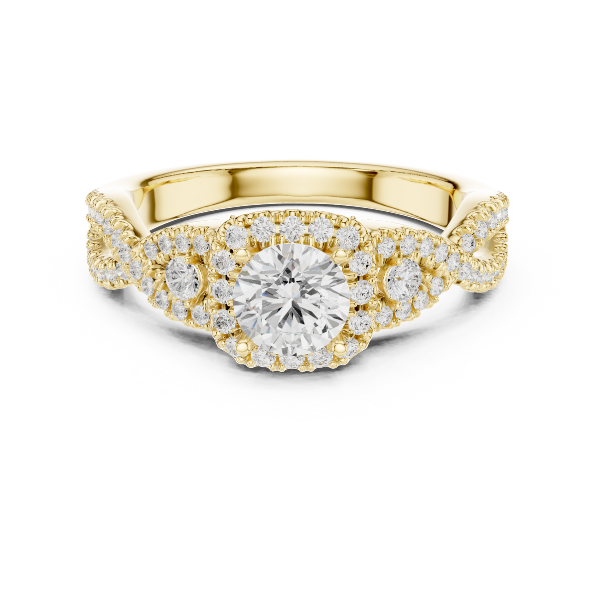 14K Solid Gold Lab Diamond Halo Ring, Yellow Gold