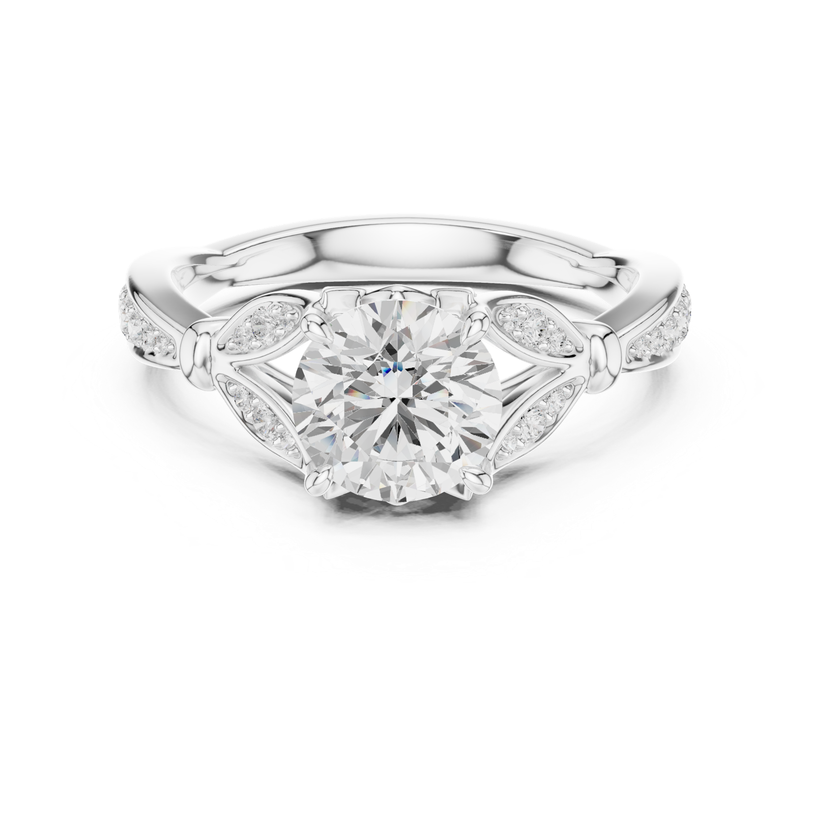 Gold Ring DDLR-257, Round center stone, White Gold, view 4