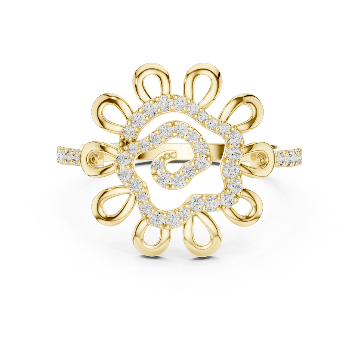 14K Solid Gold Lab Diamond Flower Cluster Ring, Yellow Gold