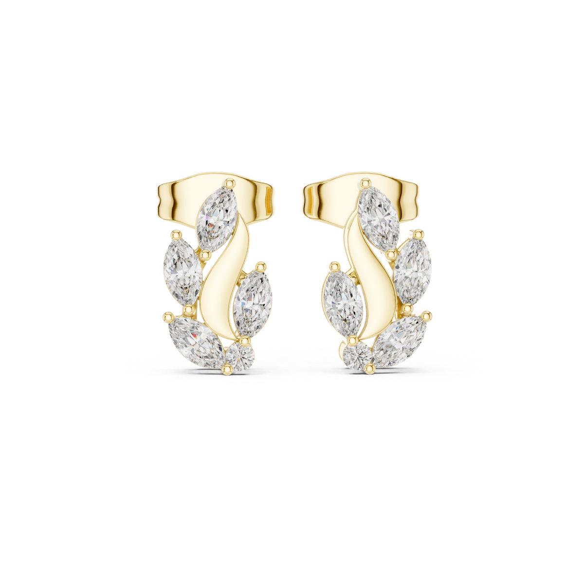 14K Solid Gold Lab Diamond Leaf Huggie Earrings, Yellow Gold