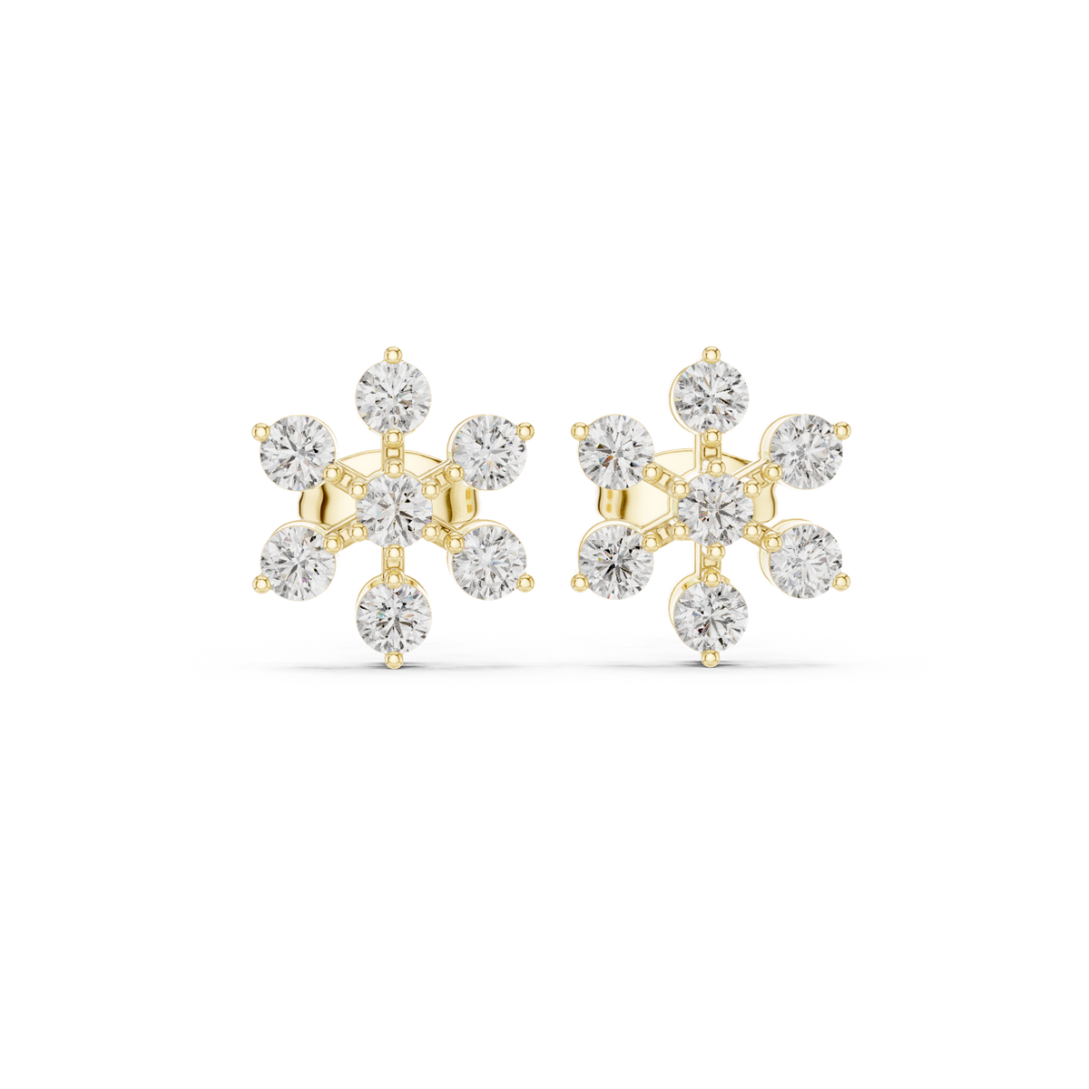 14K Solid Gold Lab Diamond Flower Cluster Earrings, Yellow Gold