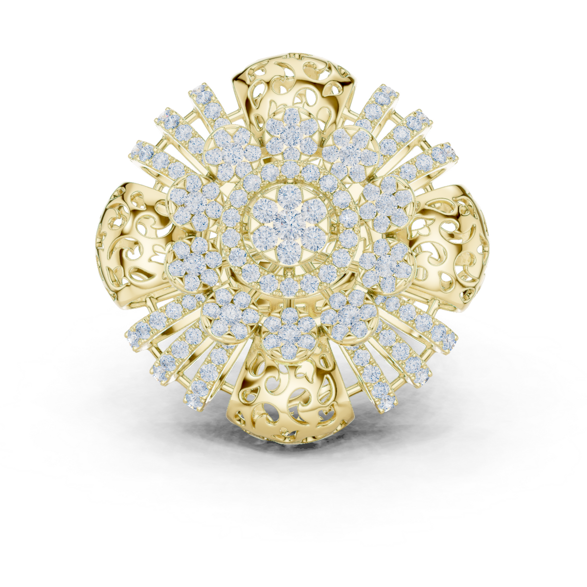 14K Solid Gold Lab Diamond Flower Vintage Ring, Yellow Gold