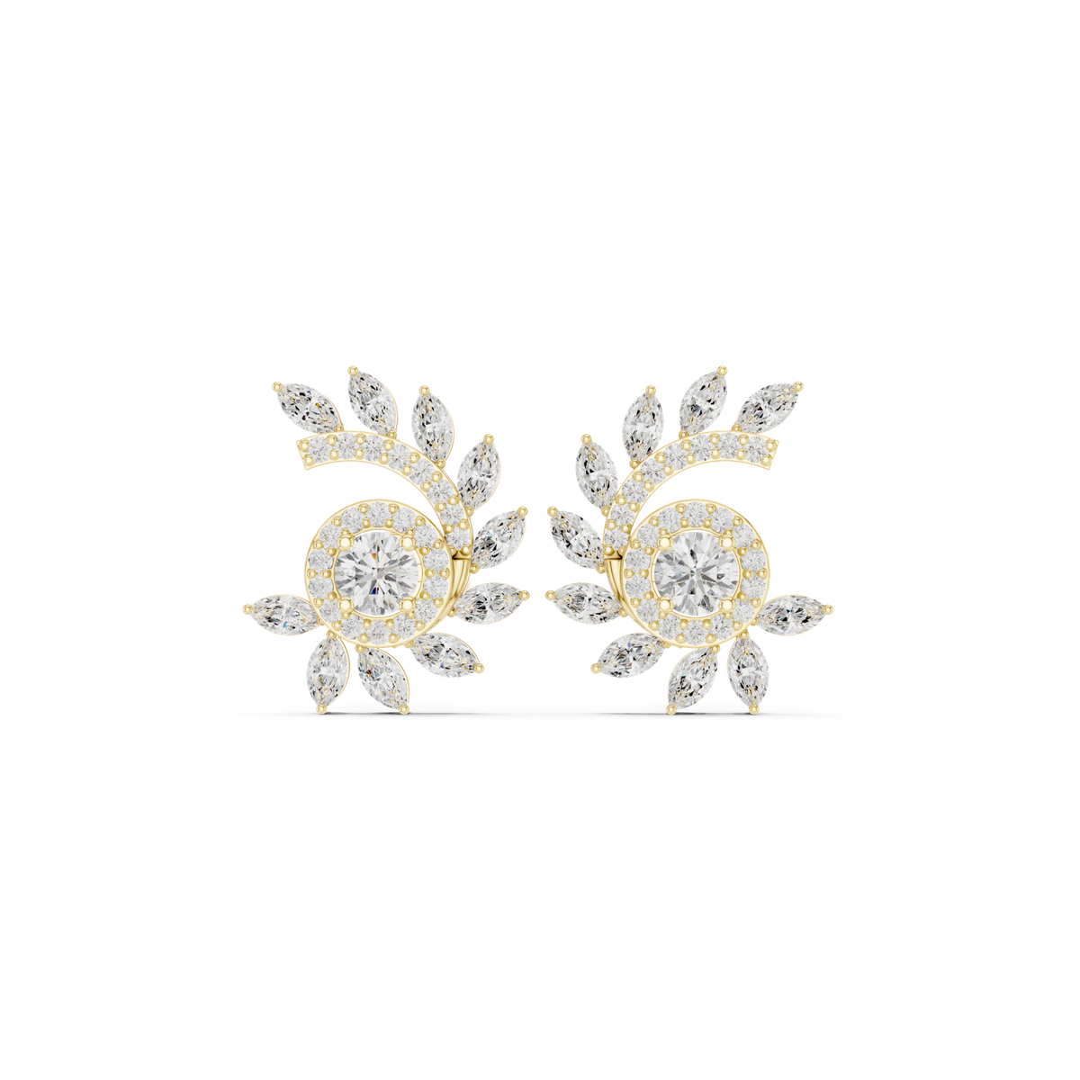 14K Solid Gold Lab Diamond Flower Cluster Earrings, Yellow Gold