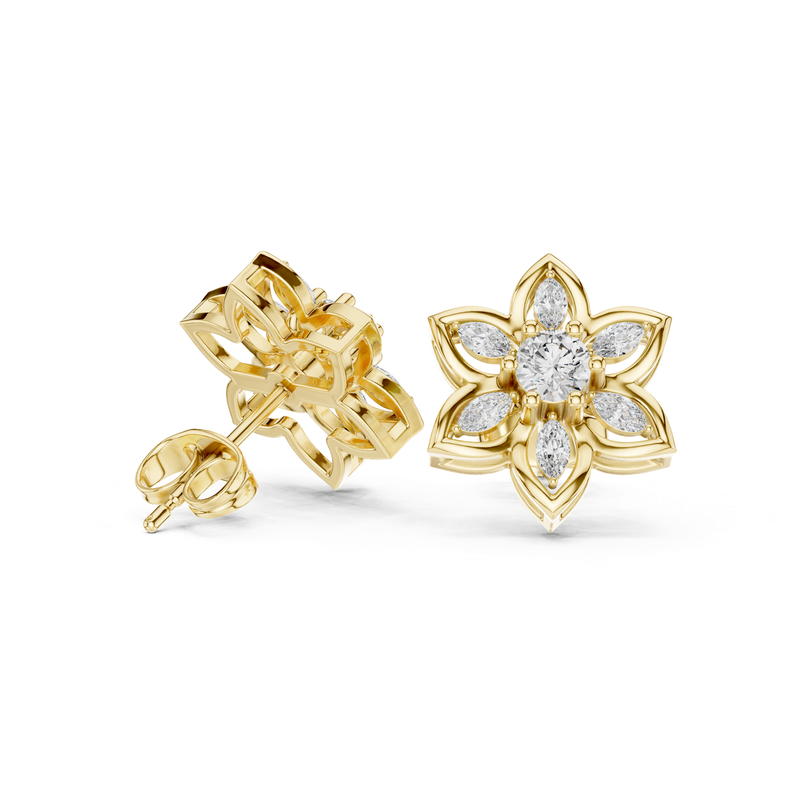 14K Solid Gold Lab Diamond Flower Cluster Earrings, Yellow Gold, view 1